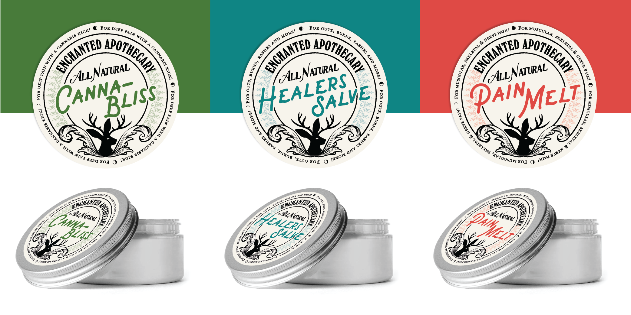 Images of aromatherapy salves from Enchanted Apothecary. Designed by Fingers Duke.